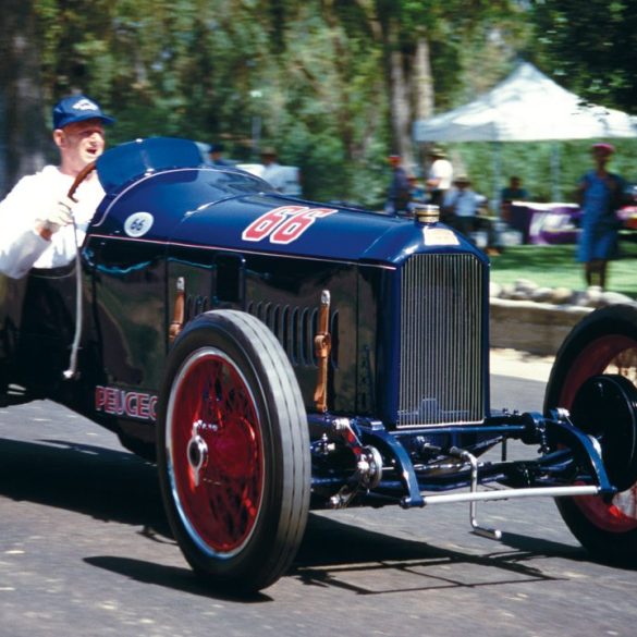 Lindley Bothwell Jr. is shown at the 1998 Visalia motorsports festival driving his 1913 Grand Prix Peugeot, winner of the 1916 Indianapolis 500-mile race. Photo: Pete Lyons / www.petelyons.com