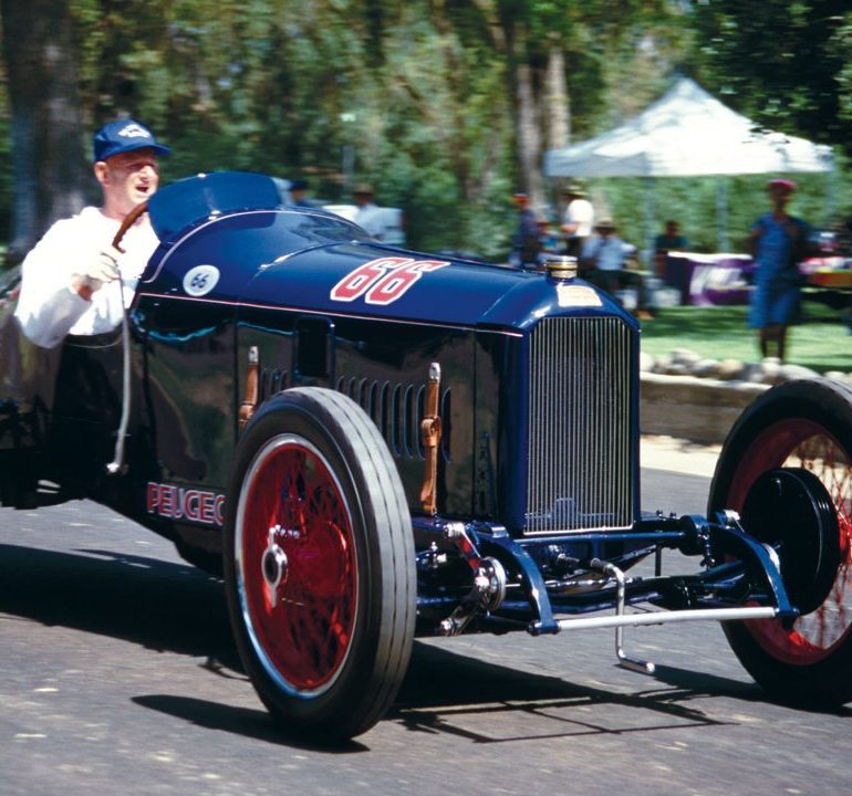 Lindley Bothwell Jr. is shown at the 1998 Visalia motorsports festival driving his 1913 Grand Prix Peugeot, winner of the 1916 Indianapolis 500-mile race. Photo: Pete Lyons / www.petelyons.com