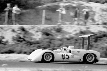 Phil Hill takes the revolutionary Chaparral 2E around Bridgehampton during its debut race in the 1966 Can-Am at the Long Island, N.Y. circuit. Photo: Pete Lyons / www.petelyons.com