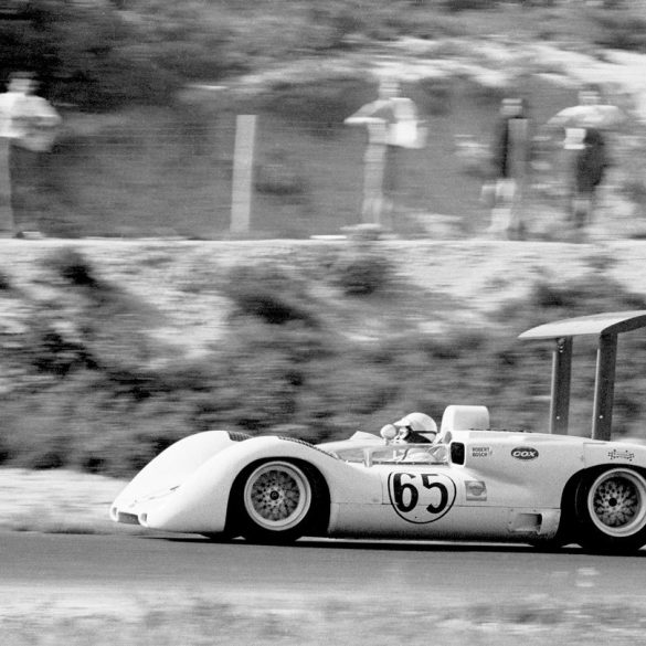 Phil Hill takes the revolutionary Chaparral 2E around Bridgehampton during its debut race in the 1966 Can-Am at the Long Island, N.Y. circuit. Photo: Pete Lyons / www.petelyons.com