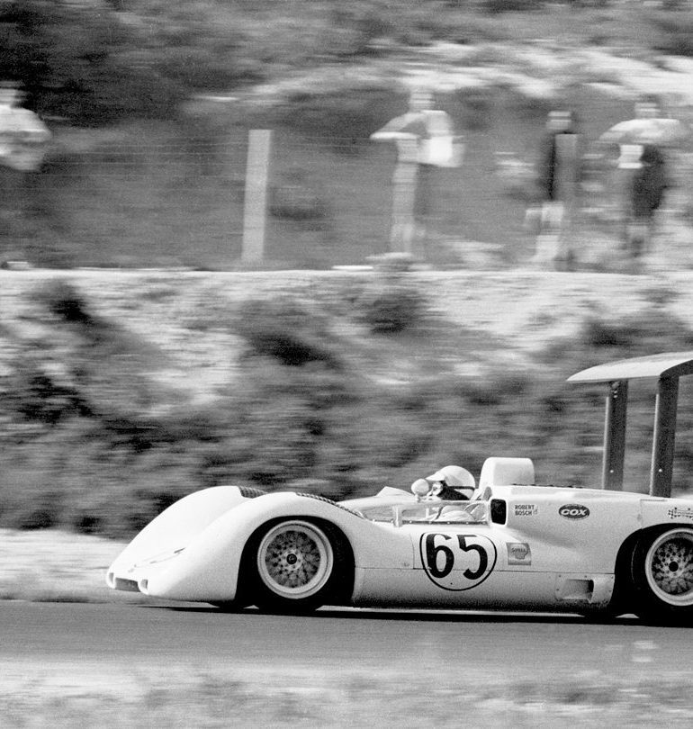 Phil Hill takes the revolutionary Chaparral 2E around Bridgehampton during its debut race in the 1966 Can-Am at the Long Island, N.Y. circuit. Photo: Pete Lyons / www.petelyons.com