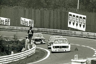 This is the lead battle blasting through Stavelot during the early hours of the 1976 Spa 24 Hours. Averaging speeds of 200 kph, a trio of BMW CSLs scream through the uphill, banked turn.