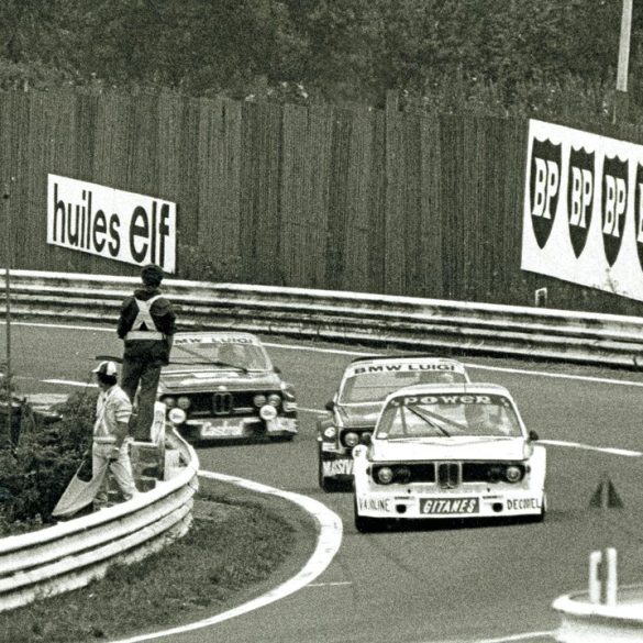 This is the lead battle blasting through Stavelot during the early hours of the 1976 Spa 24 Hours. Averaging speeds of 200 kph, a trio of BMW CSLs scream through the uphill, banked turn.