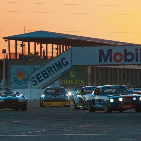 Alec Hammond’s 1965 Ford Mustang 2+2 leads a pack into Turn 1 as sunset looms in the background. Included among the chasers are Doug Miller’s 1996 Porsche 993, Ken Mennela’s 1963 Corvette Grand Sport and Cody Ellworth’s 1972 Porsche 911 ST. Photo: Chuck Andersen