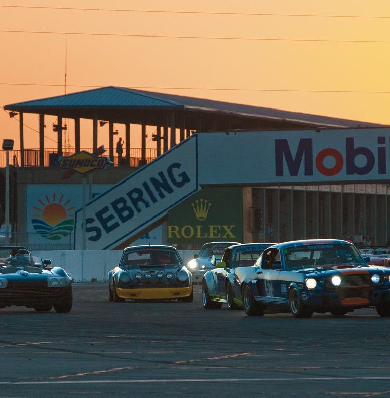 Alec Hammond’s 1965 Ford Mustang 2+2 leads a pack into Turn 1 as sunset looms in the background. Included among the chasers are Doug Miller’s 1996 Porsche 993, Ken Mennela’s 1963 Corvette Grand Sport and Cody Ellworth’s 1972 Porsche 911 ST. Photo: Chuck Andersen