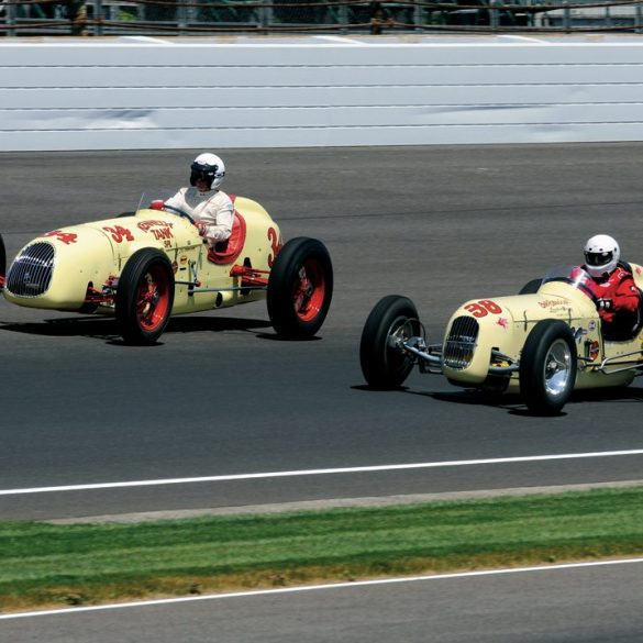 A.J. Watson’s 1953 Watson Bob Estes Spl., tucks inside the 1949 Kennedy Tank Spl., a Kurtis-Offy. Photo: Jim Hatfield