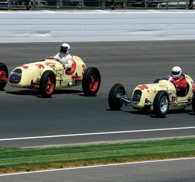 A.J. Watson’s 1953 Watson Bob Estes Spl., tucks inside the 1949 Kennedy Tank Spl., a Kurtis-Offy. Photo: Jim Hatfield