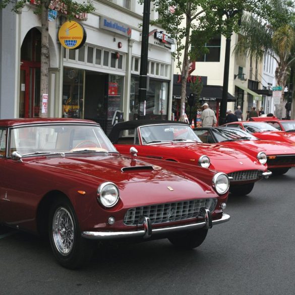 Beautiful 1958 Ferrari 250 Pininfarina Coupe is parked ahead of a 1967 Ferrari 330 GTS, a 1983 308 GTS and a Daytona. Photo: David Gooley