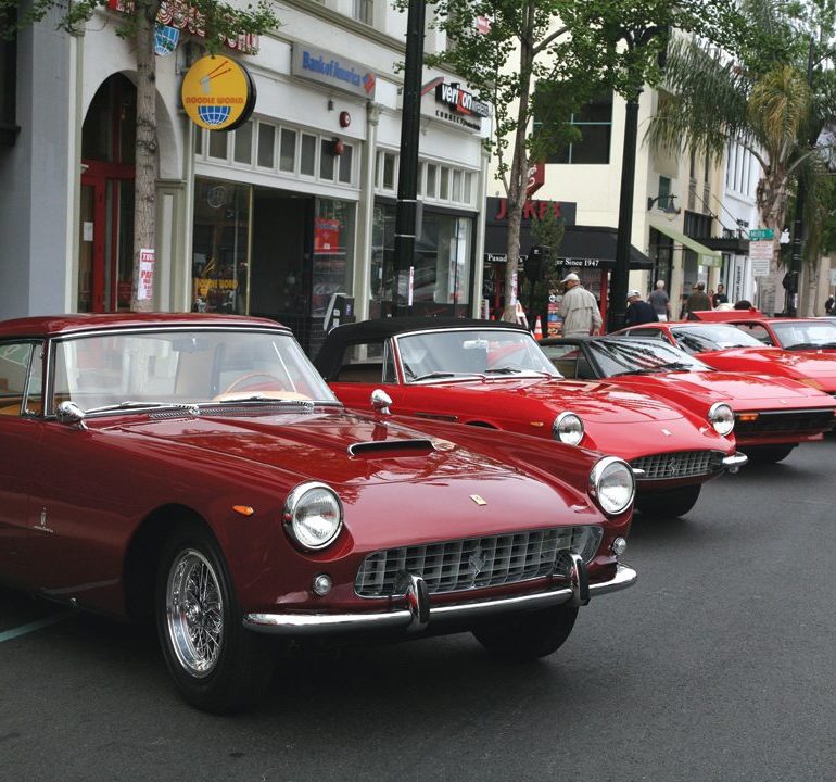 Beautiful 1958 Ferrari 250 Pininfarina Coupe is parked ahead of a 1967 Ferrari 330 GTS, a 1983 308 GTS and a Daytona. Photo: David Gooley