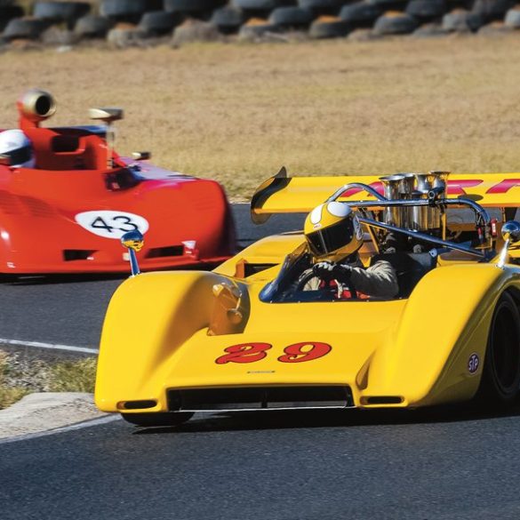 Two of the sports car stars. Duncan MacKellar’s McLaren M8E leads the pretty Osella PA5 of Ian Ross through Turn 2. Photo: Shifting Focus