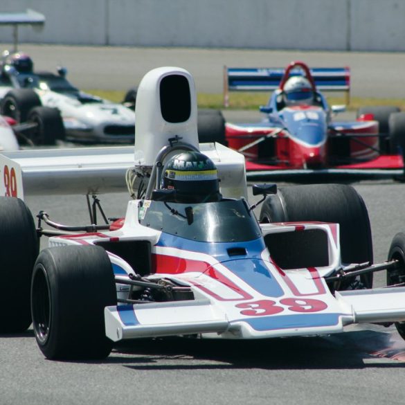 Tom Malloy’s 1974 Lola T332 leads Paul Morgan’s 2002 Dallara Indy Lights (#89), Robert Merritt’s 1985 Ralt RT-5 Super Vee (#33) and Tony Adamowicz’s 1969 Eagle F5000 (#7) during Saturday morning Qualifying Practice. Photo: Craig R. Edwards