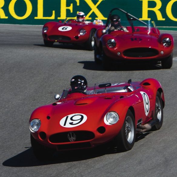 (19) Rick Hall, 1957 Maserati 450S, (16) John Long, 1959 Devin SS, (6) Derek Bell, 1957 Maserati 300S.Photo: Brad Fox