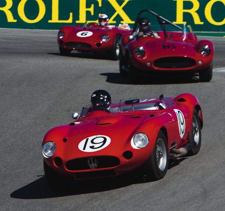 (19) Rick Hall, 1957 Maserati 450S, (16) John Long, 1959 Devin SS, (6) Derek Bell, 1957 Maserati 300S.Photo: Brad Fox