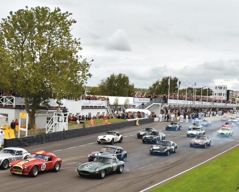 Andrew Smith’s AC Cobra leads the RAC TT Celebration Race start. Photo: Jochen Van Cauwenberge