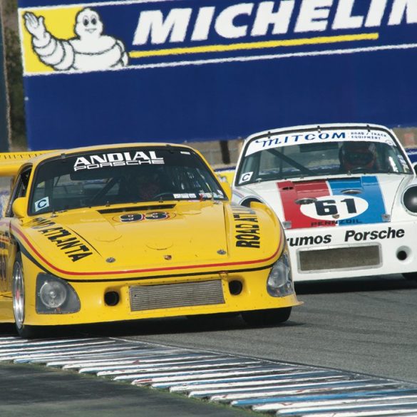 Steve Schmidt keeps his 1976 Porsche 935 K3 ahead of Bradley Harris in ex-Brumos Carrera RSR. Photo: Dennis Gray