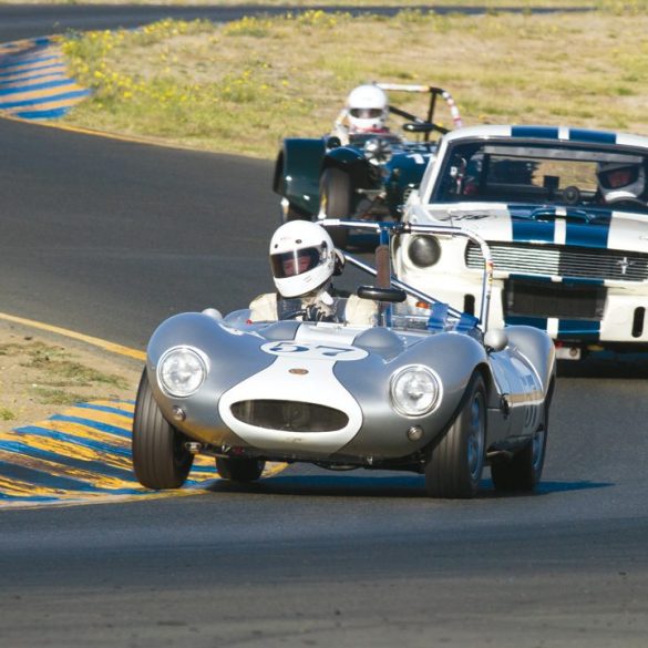 Jeffery Newman leads a GT350 and a Lotus 7 in his 1965 Ginetta G4 (#57). Photo: Brad Fox