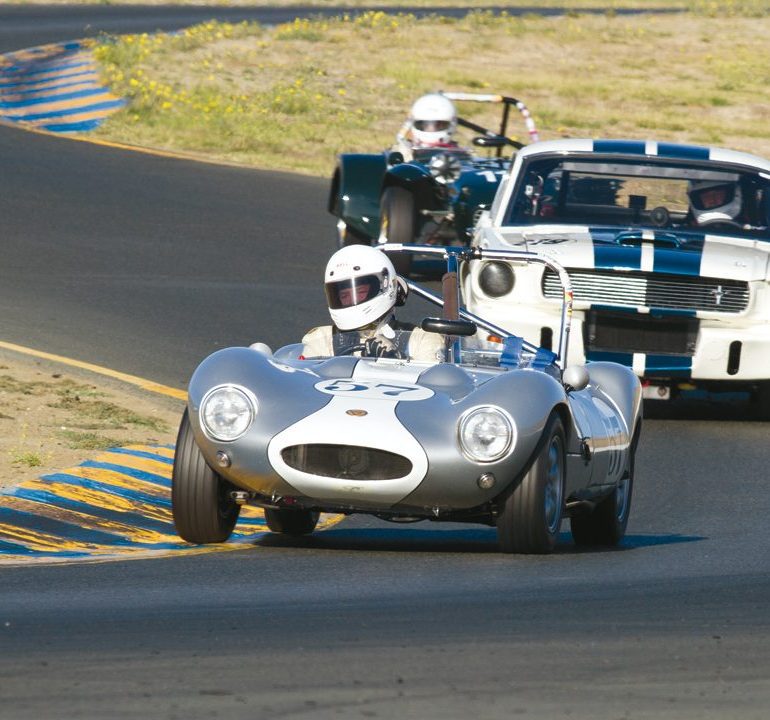 Jeffery Newman leads a GT350 and a Lotus 7 in his 1965 Ginetta G4 (#57). Photo: Brad Fox