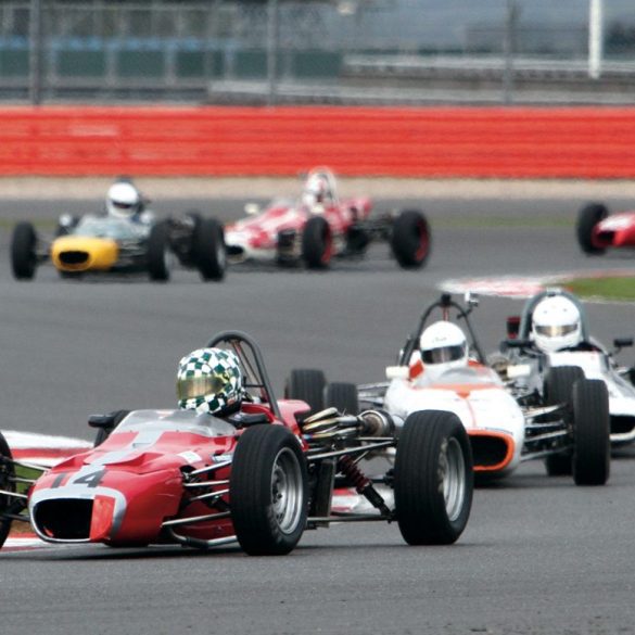 Leading this string of Historic Formula Fords is Mike Wrigley and his Merlyn Mk20A. Photo: Pete Austin