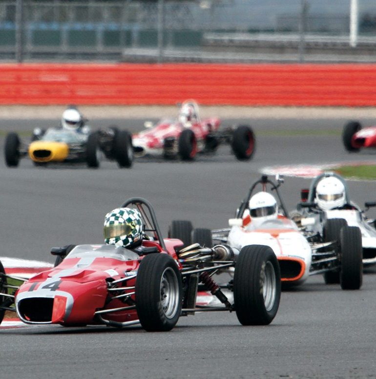 Leading this string of Historic Formula Fords is Mike Wrigley and his Merlyn Mk20A. Photo: Pete Austin