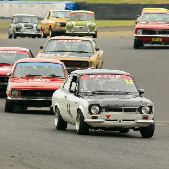 Ford Escort-mounted Mark Lenstra leads the field, chased by the Torana XU-1s of Daniel Cotterill and Paul Tierney. Photo: Steve Oom