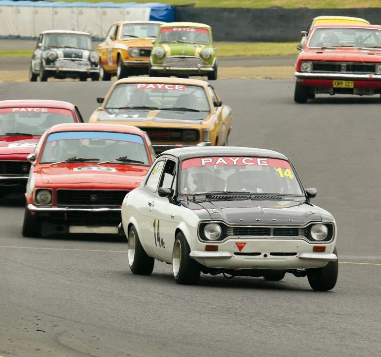 Ford Escort-mounted Mark Lenstra leads the field, chased by the Torana XU-1s of Daniel Cotterill and Paul Tierney. Photo: Steve Oom