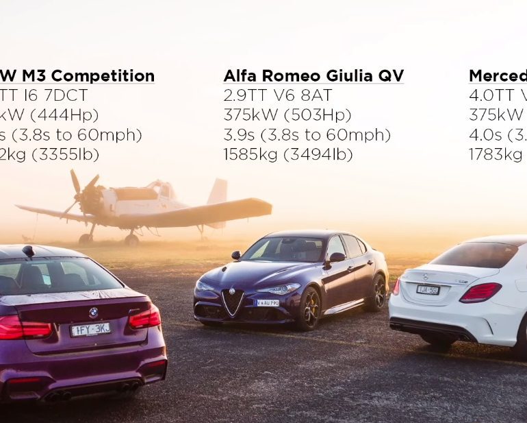 Drag Contest Between an Alfa Romeo Giulia QV v Mercedes-AMG C63 S v BMW M3 v HSV GTSR W1