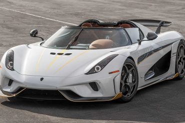 Front view of white 2019 Koenigsegg Regera parked on road