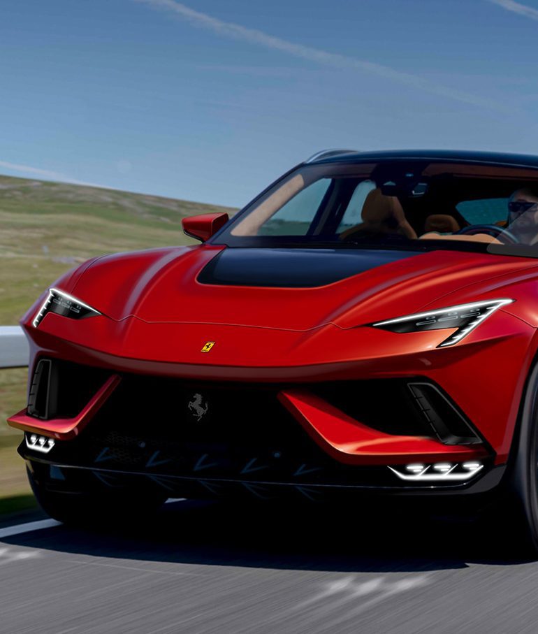 Artist rendering of red Ferrari Purosangue speeding down country road from rear