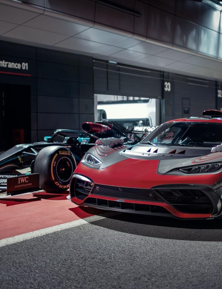 Mercedes-AMG One and Formula One car on track