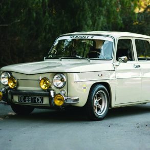 Renault 8 as vintage rally car with yellow fog lights