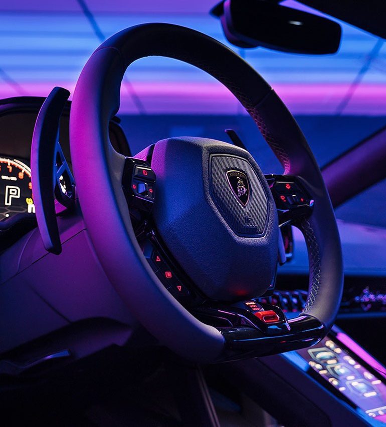 Closeup of Lambo steering wheel