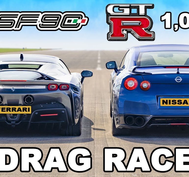 Hybrid Ferrari SF90 Takes On A Tuned Nissan GT-R With 1000HP In A Drag Race