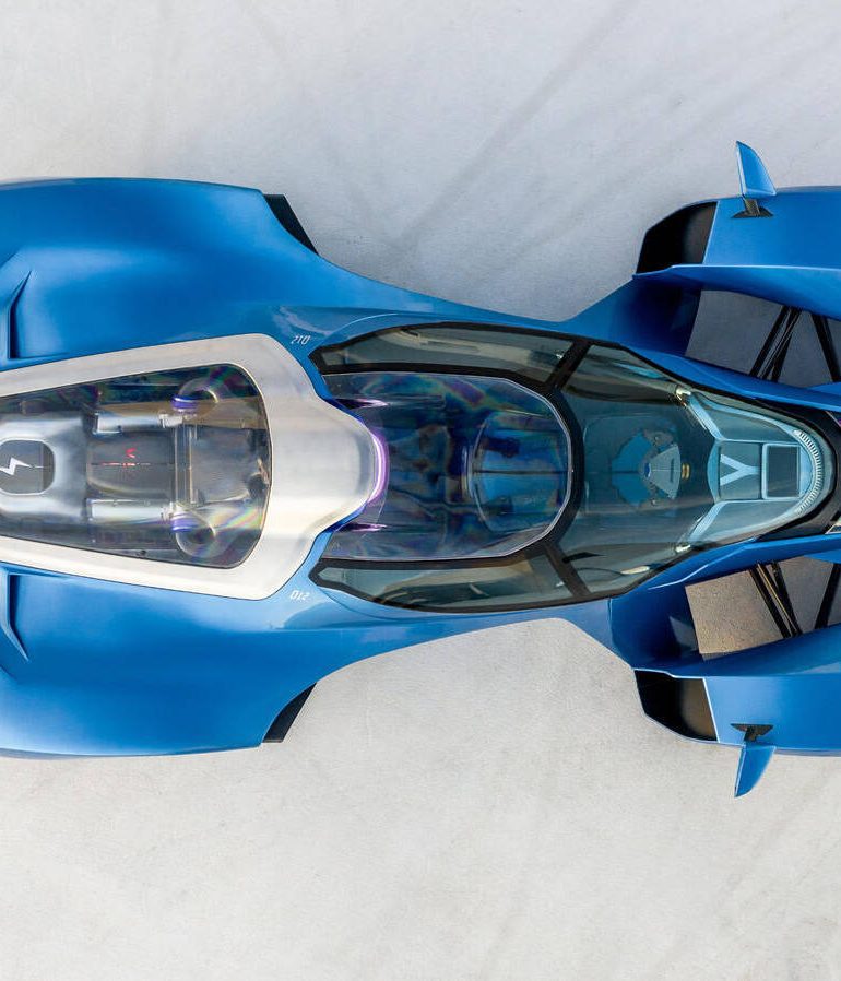 Aerial view of a blue Delage D12 supercar