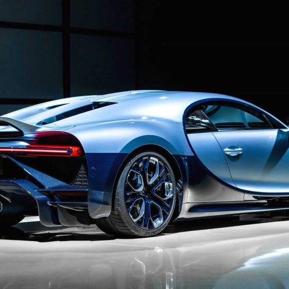 Rear-angled image of the one-off Chiron Profilée showing the unique 'duck-tail' spoiler design.