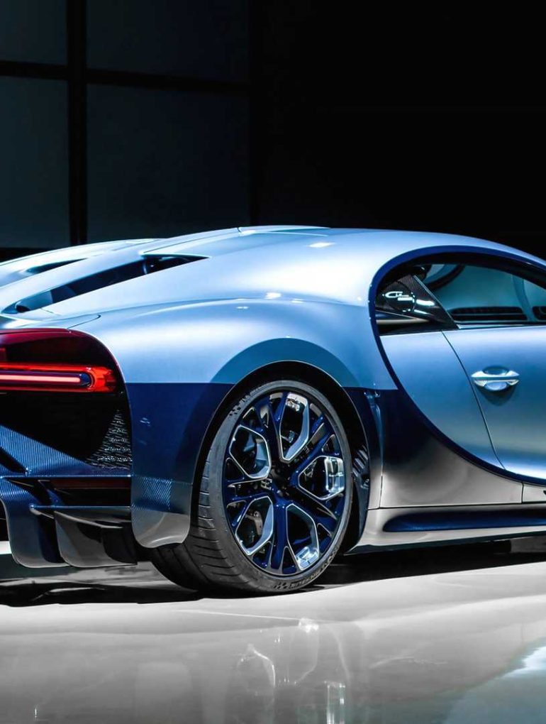 Rear-angled image of the one-off Chiron Profilée showing the unique 'duck-tail' spoiler design.