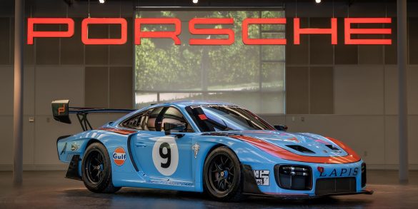 front-angled view of a Gulf-liveried 2019 Porsche 935