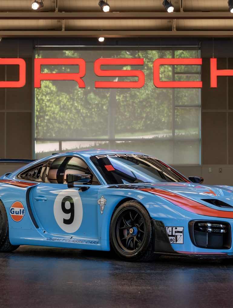 front-angled view of a Gulf-liveried 2019 Porsche 935