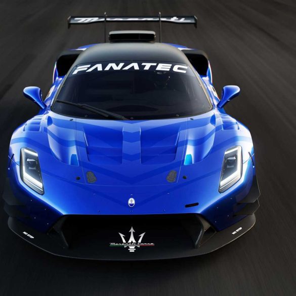 Frontal view of a blue Maserati GT2 race car.