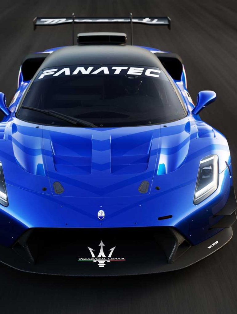 Frontal view of a blue Maserati GT2 race car.