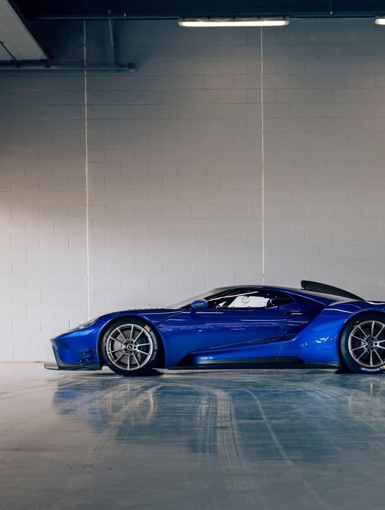 Side profile of a blue 2020 Ford GT MK II track-only supercar