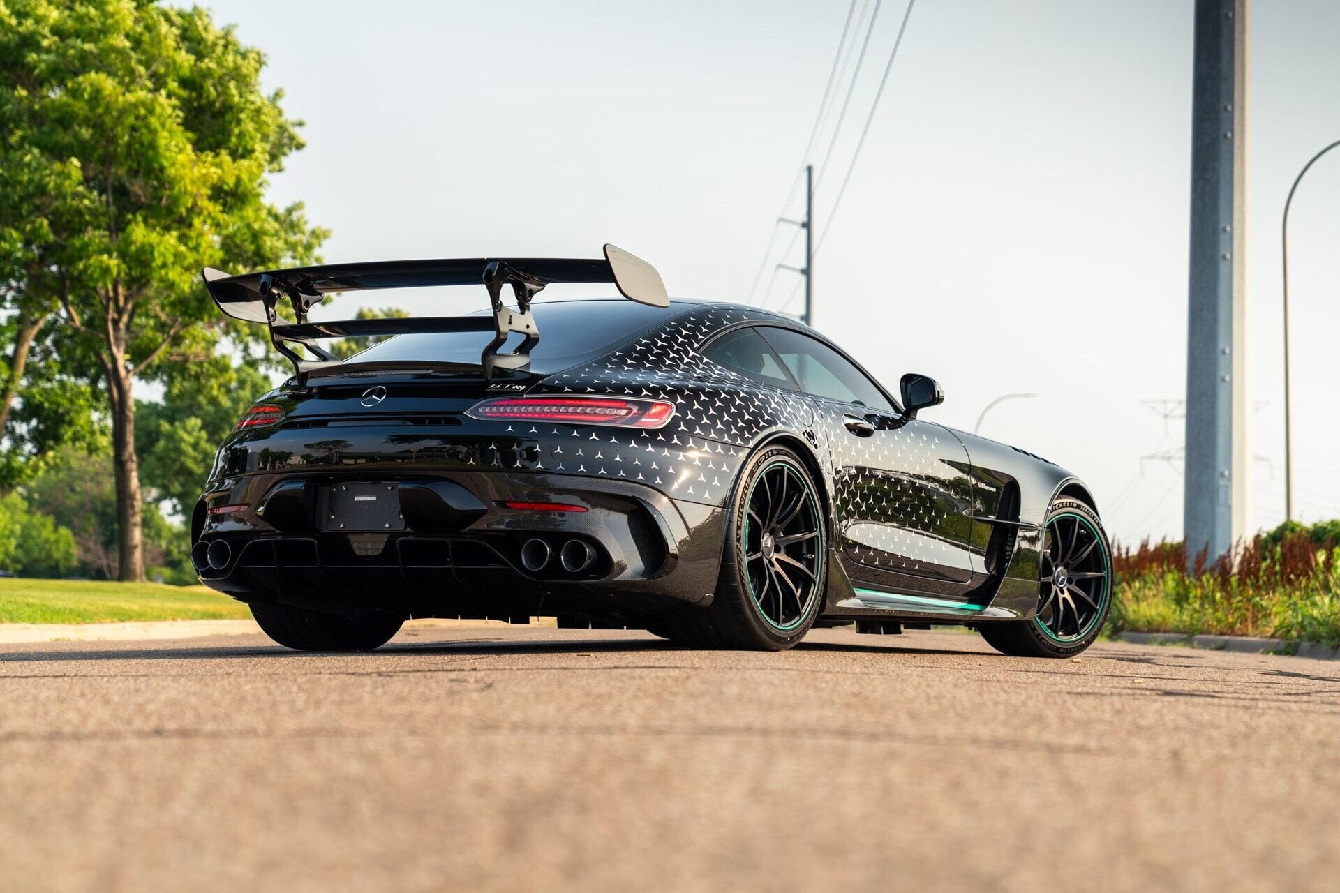 Rear-angled view of a 2021 Mercedes-AMG GT Black Series P One Edition
