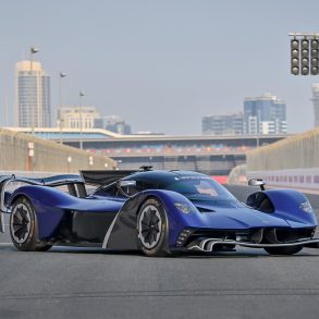 Frontal view of a blue 2022 Aston Martin Valkyrie AMR Pro