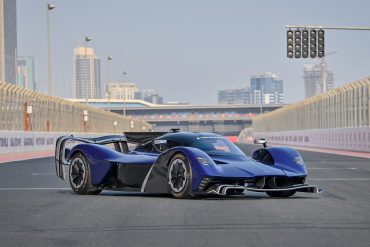 Frontal view of a blue 2022 Aston Martin Valkyrie AMR Pro