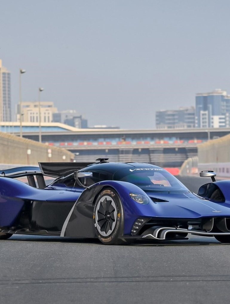 Frontal view of a blue 2022 Aston Martin Valkyrie AMR Pro