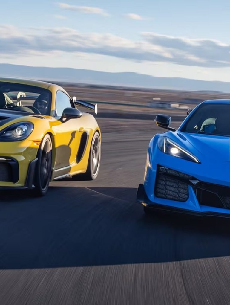 Yellow and black Porsche 718 Cayman GT4 RS and blue Chevrolet C8 Corvette Z06