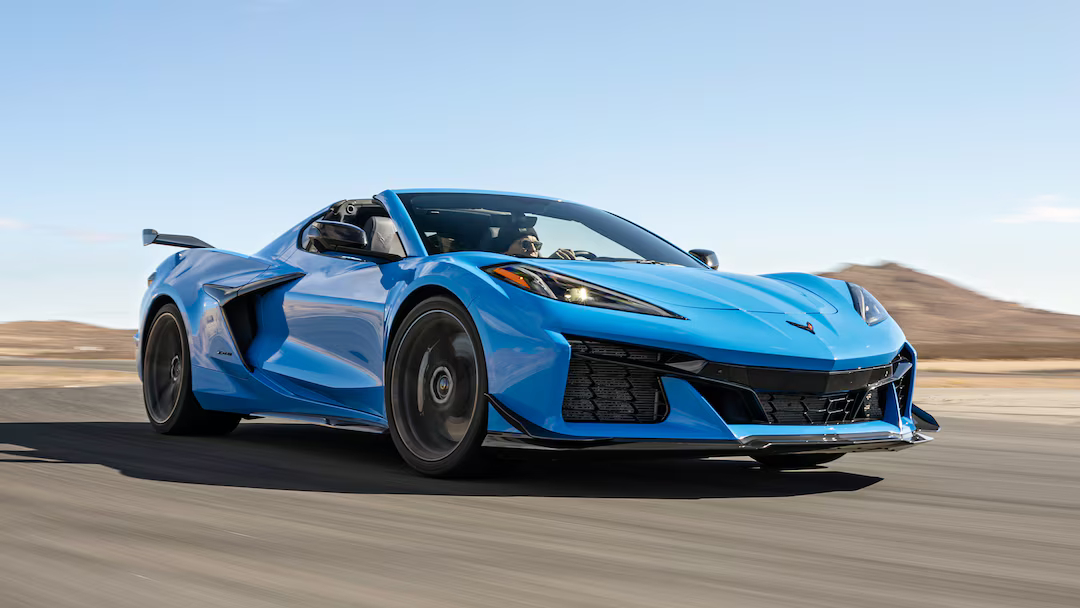 Front-angled view of a blue Chevrolet Corvette Z06