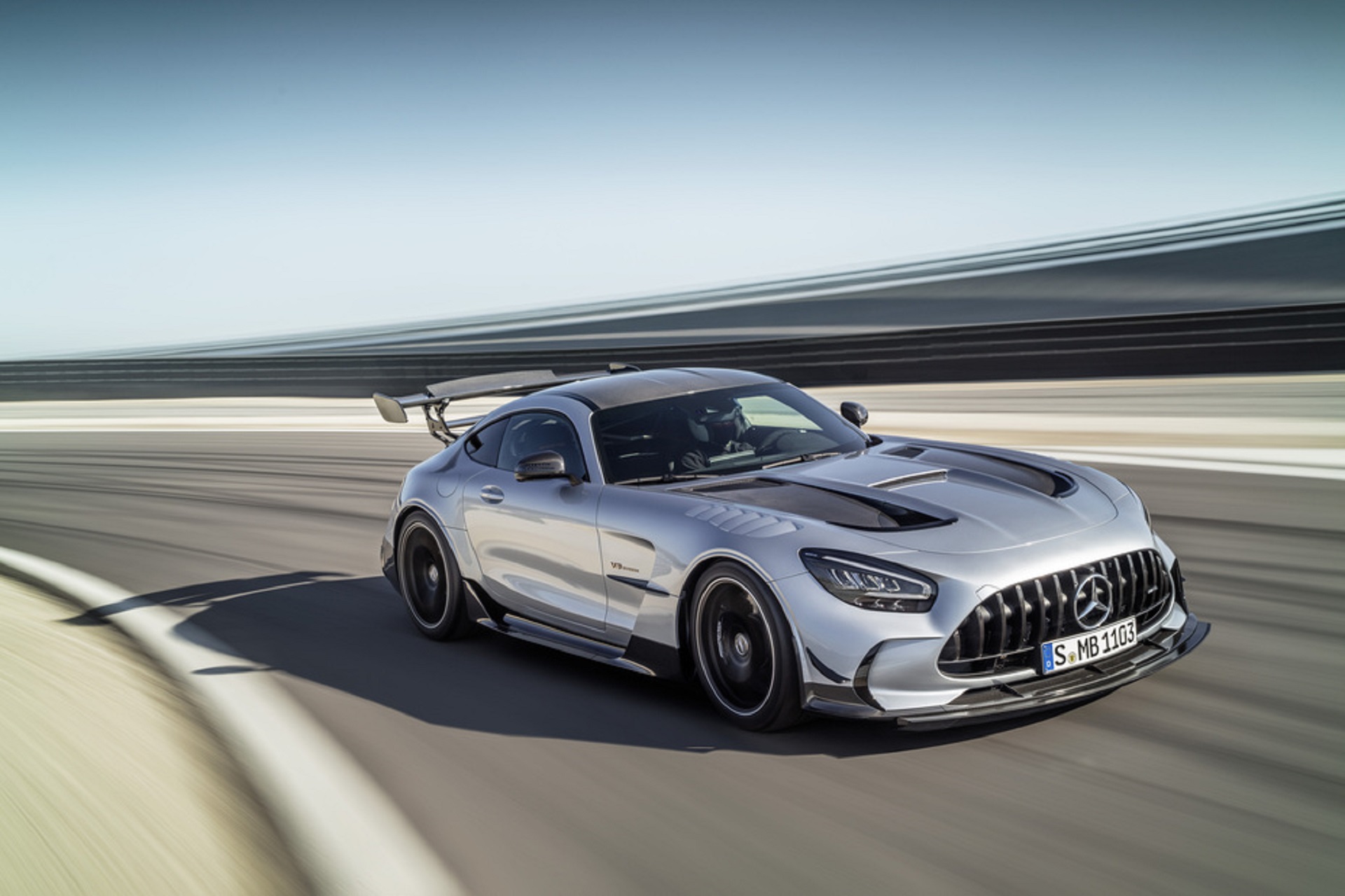 Front-angled view of a silver and black Mercedes-AMG GT Black Series