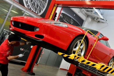 Ferrari on lift for maintenance